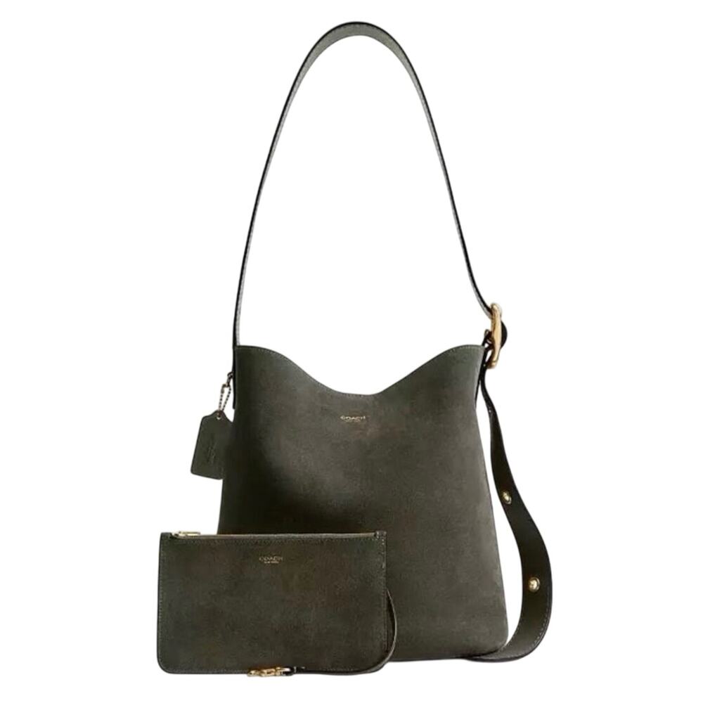 Coach Bleecker Bucket Bag w/ Detachable Pouch Olive Green Suede NWT MSRP $450